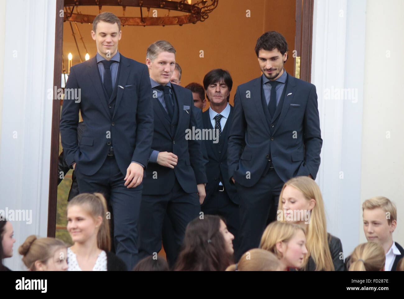 Manuel Neuer, Bastian Schweinsteiger, Joachim Loew, Mats Hummels - Empfang der deutschen Nationalmannschaft beim Bundespraesiden Stock Photo