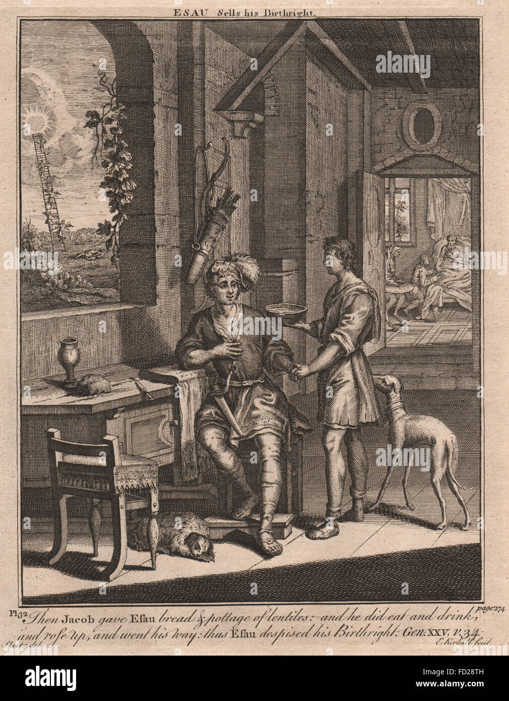 BIBLE: Genesis 25:34 Esau sells his Birthright, antique print 1752 Stock Photo