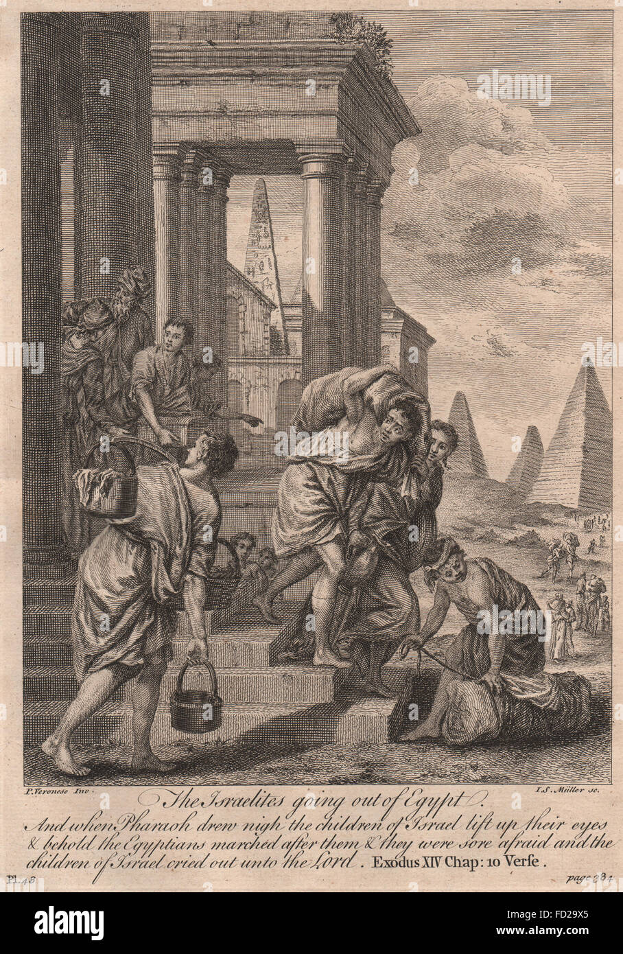 BIBLE: Exodus 14:10 The Israelites going out of Egypt, antique print 1752 Stock Photo