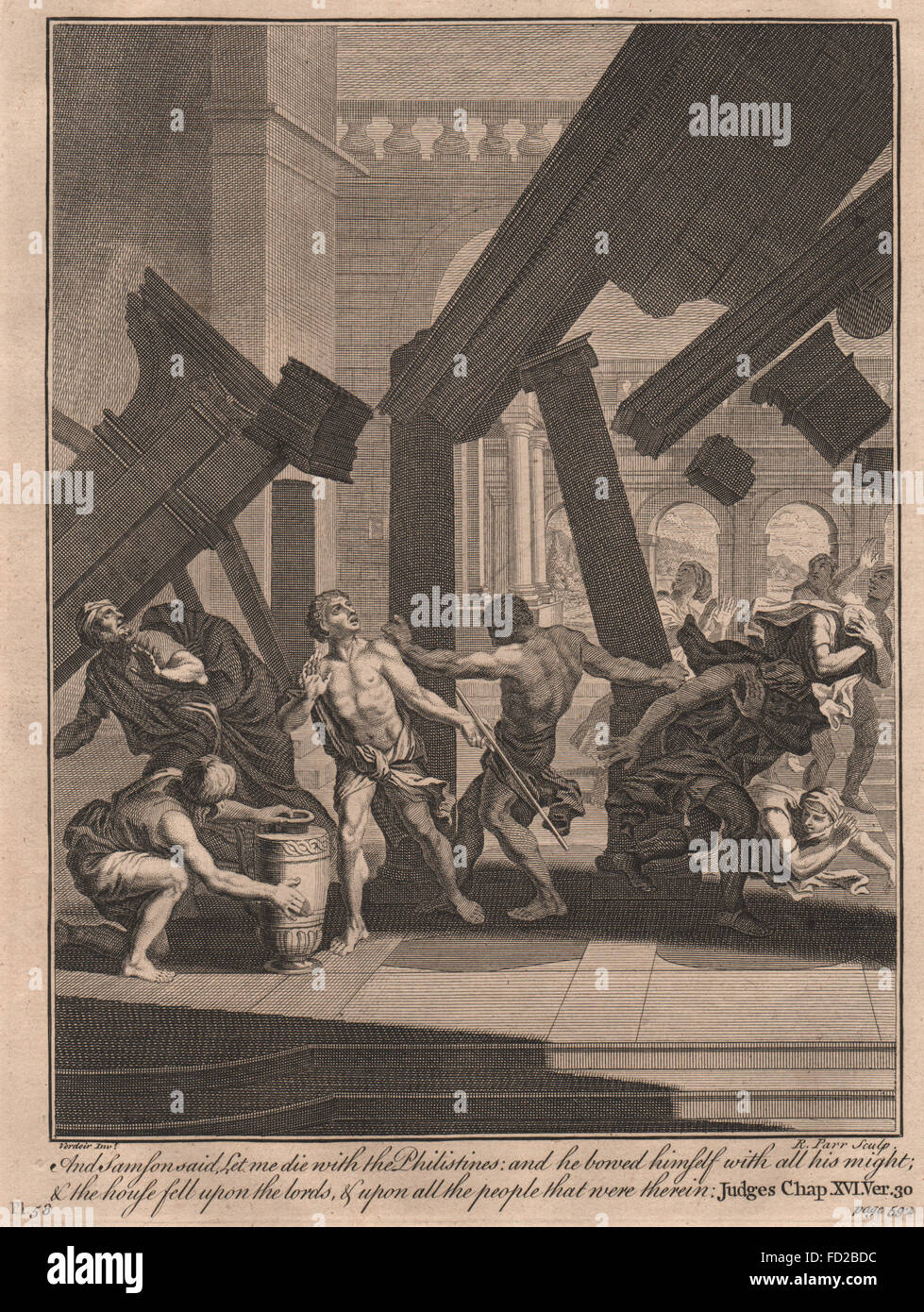 BIBLE: Judges 16:30 Samson said, let me die with the Philistines, print 1752 Stock Photo