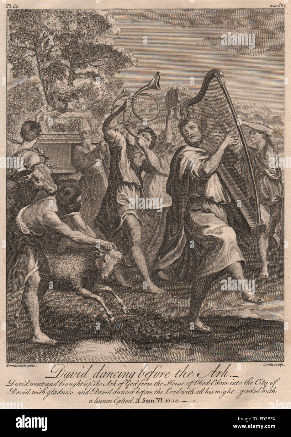 BIBLE: 2 Samuel 6:10, 14 David dancing before the Ark, antique print 1752 Stock Photo