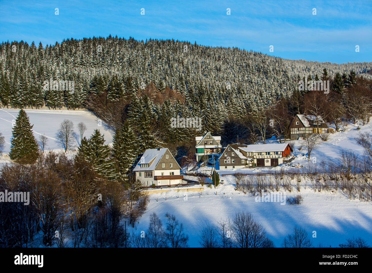 Winter, snowy landscape, village Nordenau in the Sauerland area, Germany, Stock Photo