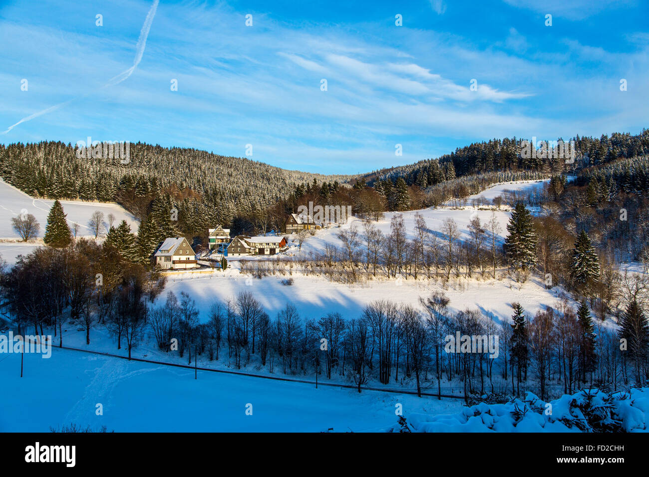 Winter, snowy landscape, village Nordenau in the Sauerland area, Germany, Stock Photo