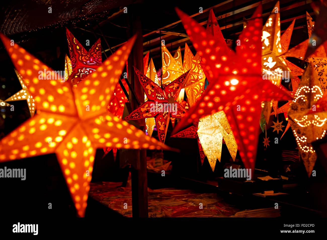 Christmas star light decoration at night, Munich, Germany Stock ...