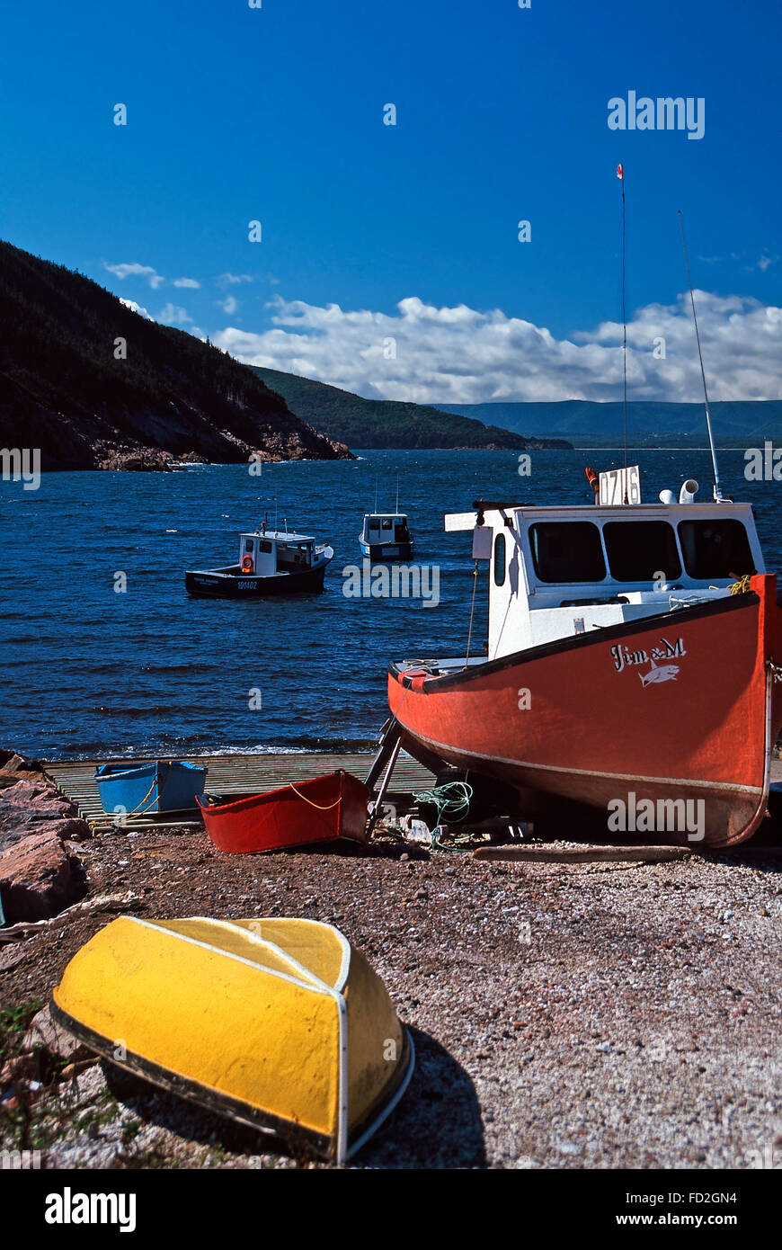 Fishing boats at White Point harbor,Cape Breton Highlands National Park,Nova Scotia Stock Photo