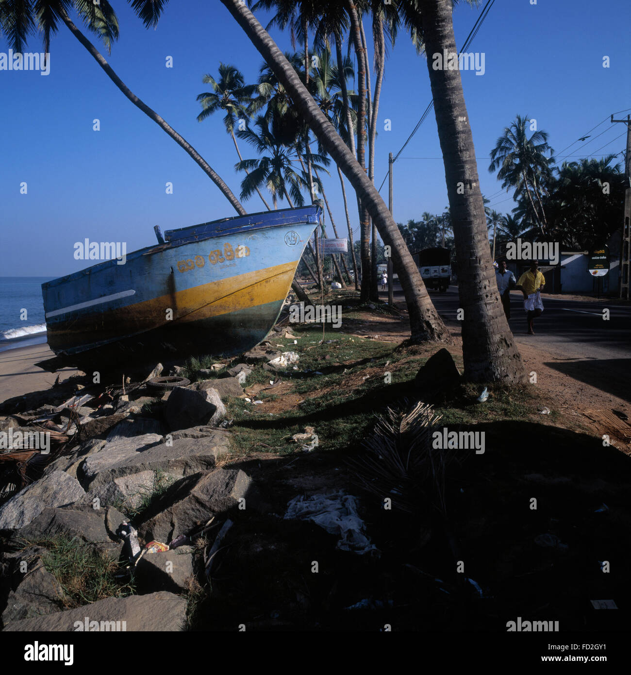 Boat washed ashore after the Tsunami hit Beruwala Sri lanka. Stock Photo