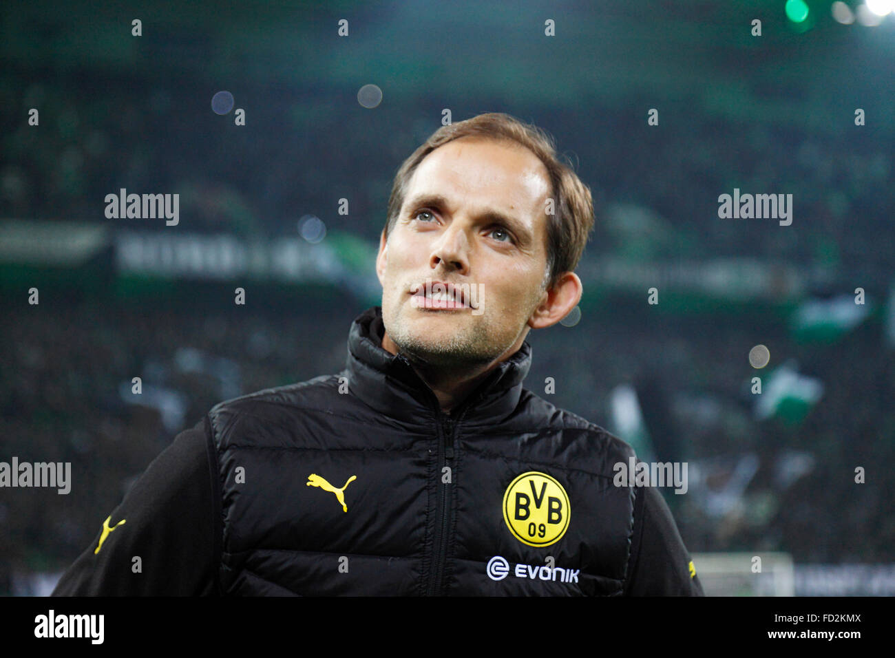 sports, football, Bundesliga, 2015/2016, Borussia Moenchengladbach versus Borussia Dortmund 1:3, Stadium Borussia Park, coach Thomas Tuchel (BVB) Stock Photo