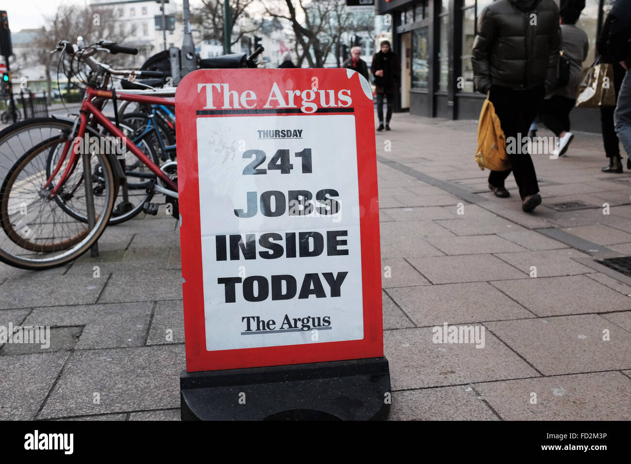 Brighton 21st January 2016 - Regional newspaper The Argus advertising board highlighting classified Jobs section UK Stock Photo