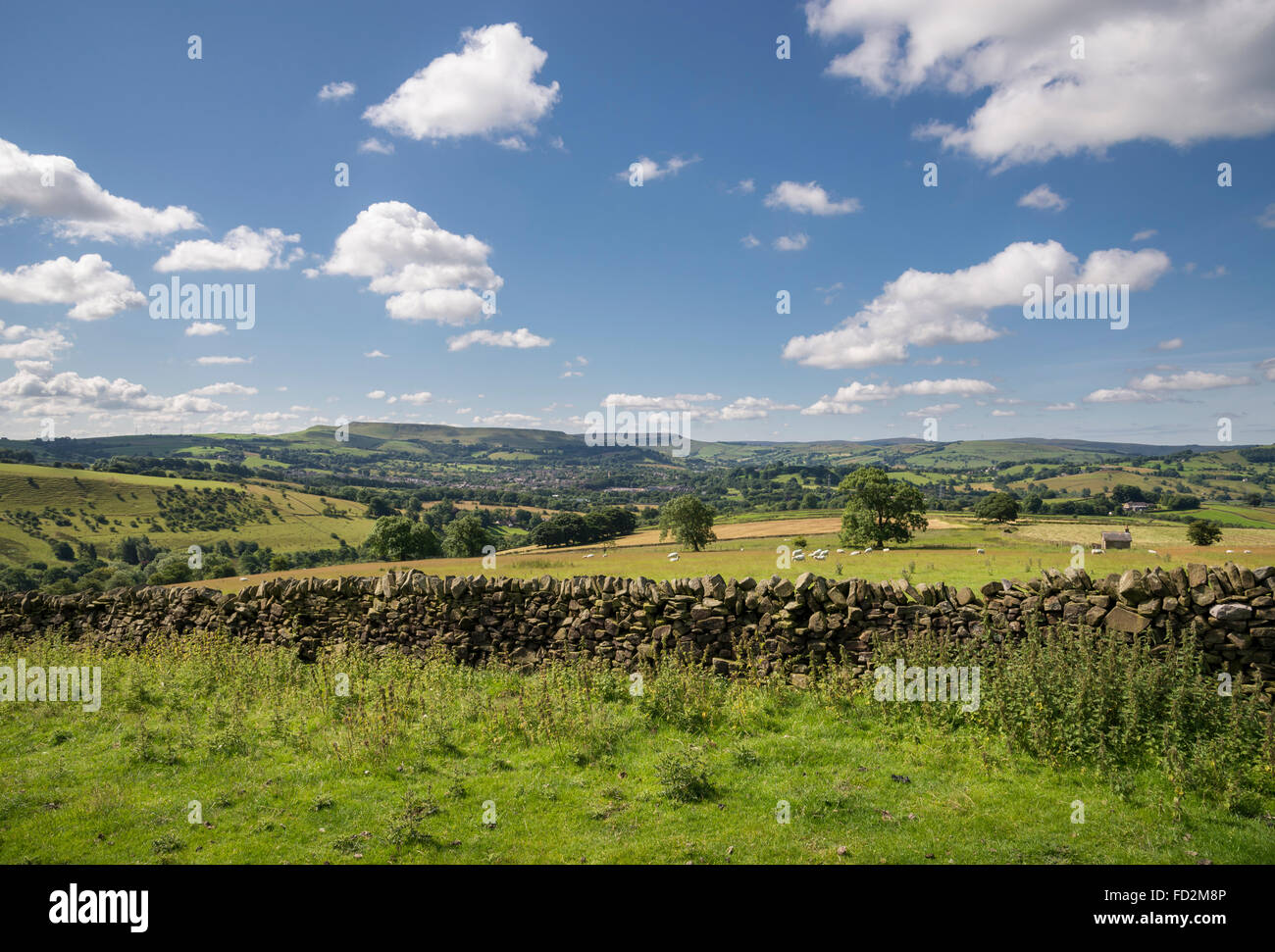 Beautiful summer countryside with view to the town of Chapel-en-le-frith in Derbyshire, England. Stock Photo