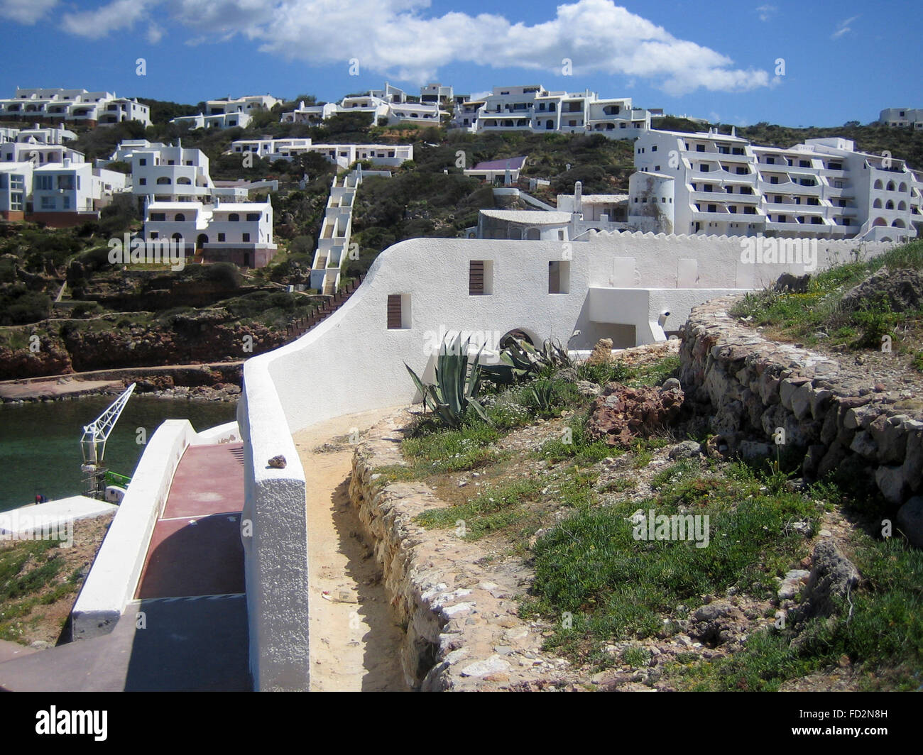 White houses in the bay Badia de Fornells, Fornells, Minorca, Menorca, Balearic Islands, Mediterranean Sea, Spain, Europe Stock Photo