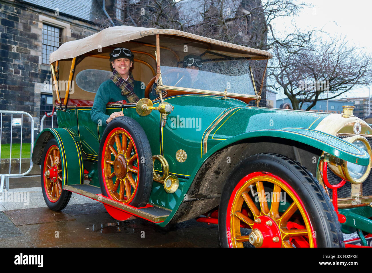 Paisley, UK. 27th Jan, 2016. More than 90 world rally and classic cars started the 84th Rallye Monte-Carlo from Paisley near Glasgow to race the 2688 Kilometres to Monte Carlo in southern France. Despite heavy rain and strong winds, thousands of spectators  turned out to cheer off the cars Credit:  Findlay/Alamy Live News Stock Photo