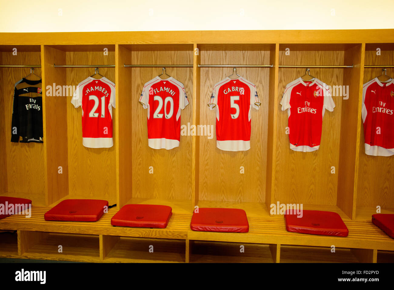 Arsenal football shirts in the dressing room of the Emirates Stadium Stock  Photo - Alamy