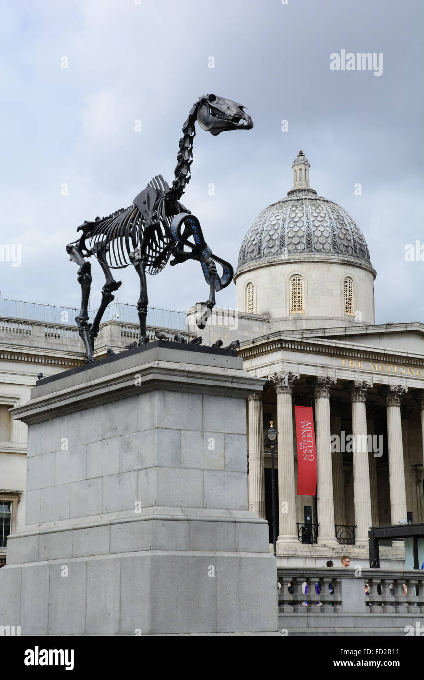 Statue in front of the national Gallery, in Trafalgar Square London, by  Hans Haake 'Gift Horse' sculpture on the Fourth Plinth Stock Photo - Alamy