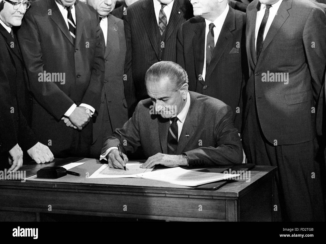 Lyndon B Johnson, the 36th President of the USA, signing the 1968 Civil Rights Act, 11th April 1968 Stock Photo