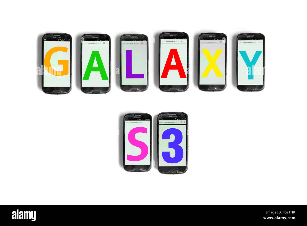 Galaxy S3 written on the screens of smartphones photographed against a white background. Stock Photo