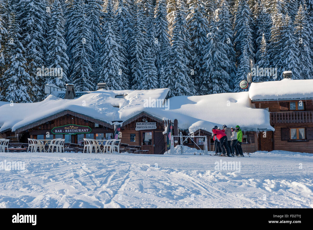 The Portes du Soleil mountain hut of Châtel, a skiing resort of Portes du Soleil in the French Alps Stock Photo