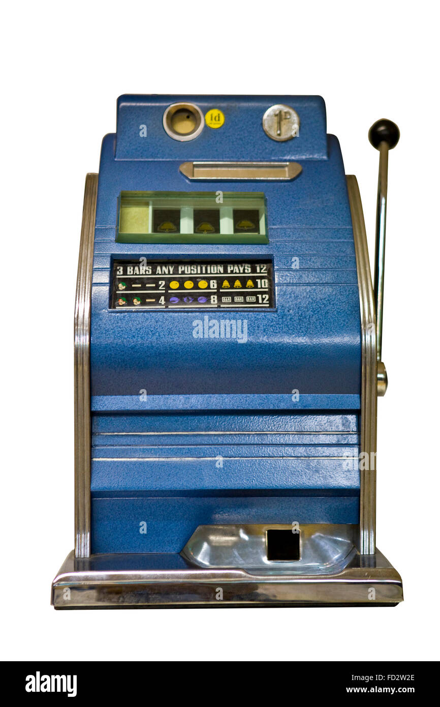 Old Slot Machine on white background Stock Photo