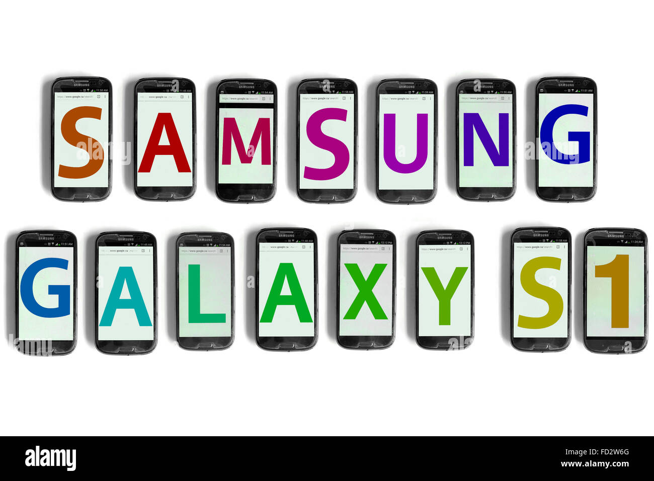 werk Schouderophalend heet Samsung Galaxy S1 spelled on the screens of smartphones photographed  against a white background Stock Photo - Alamy