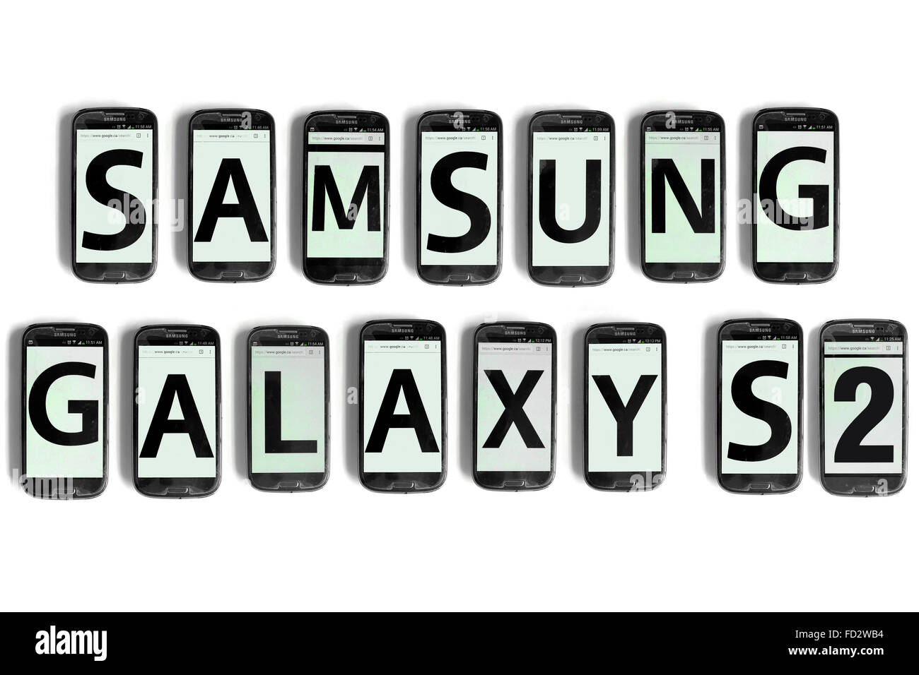Samsung Galaxy S2 spelled on the screens of smartphones photographed against a white background. Stock Photo