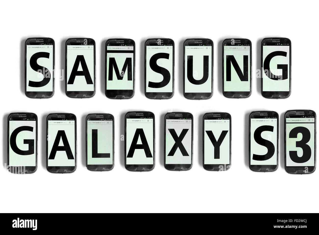 Samsung Galaxy S3 spelled on the screens of smartphones photographed against a white background. Stock Photo