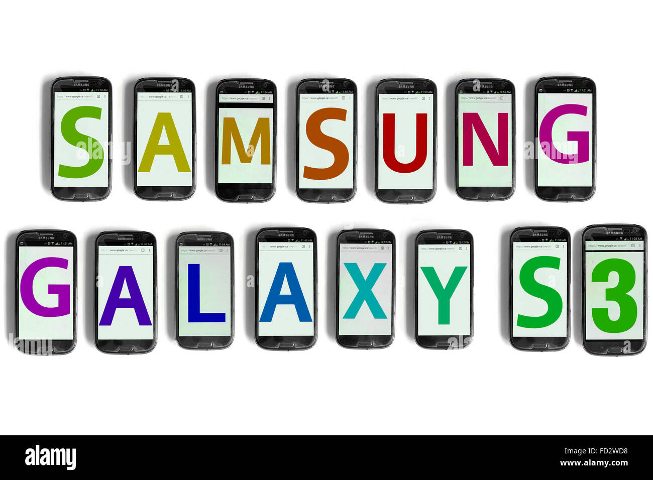 Samsung Galaxy S3 spelled on the screens of smartphones photographed against a white background. Stock Photo
