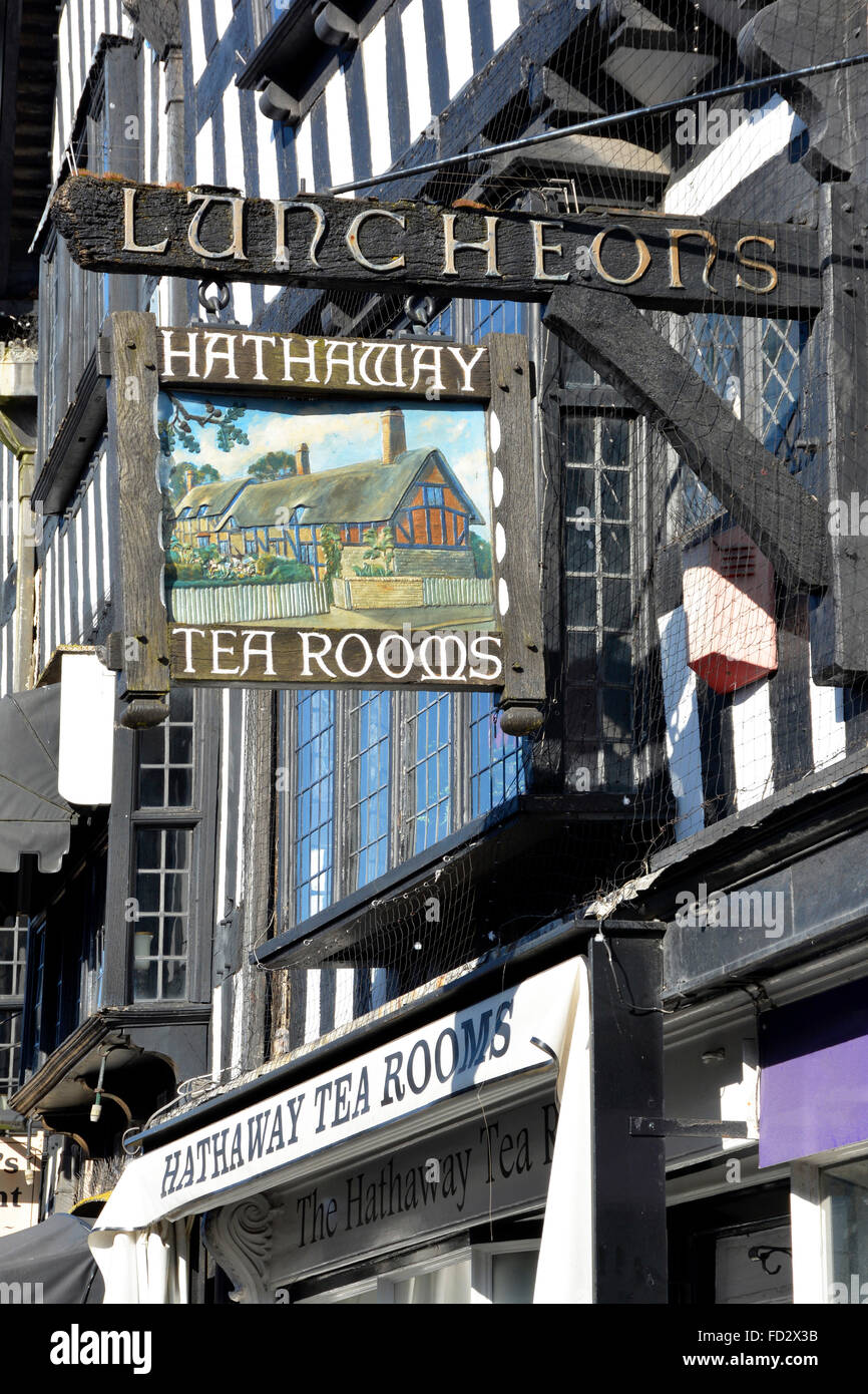 Sign above Hathaway tea rooms in The Shakespeare town of Stratford upon Avon sign illustrates Anne Hathaway's Cottage Warwickshire England UK Stock Photo