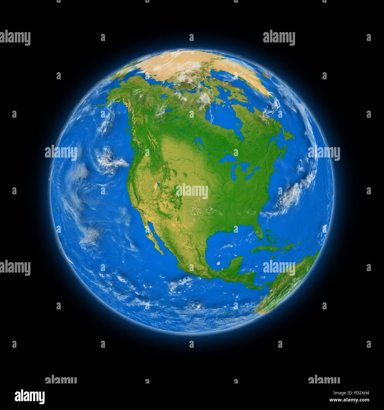North America on blue planet Earth isolated on black background. Highly ...