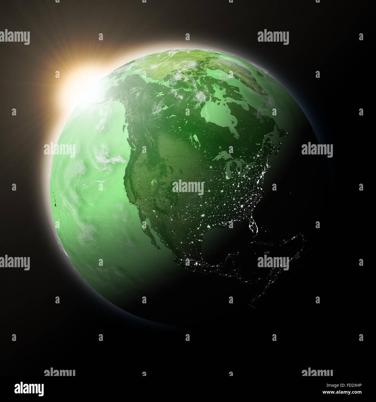 Sun over North America on green planet Earth isolated on black ...