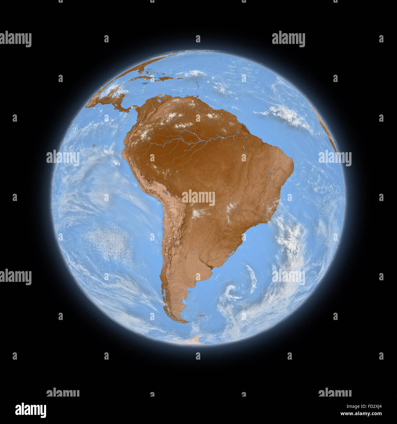South America on blue planet Earth isolated on black background. Highly ...