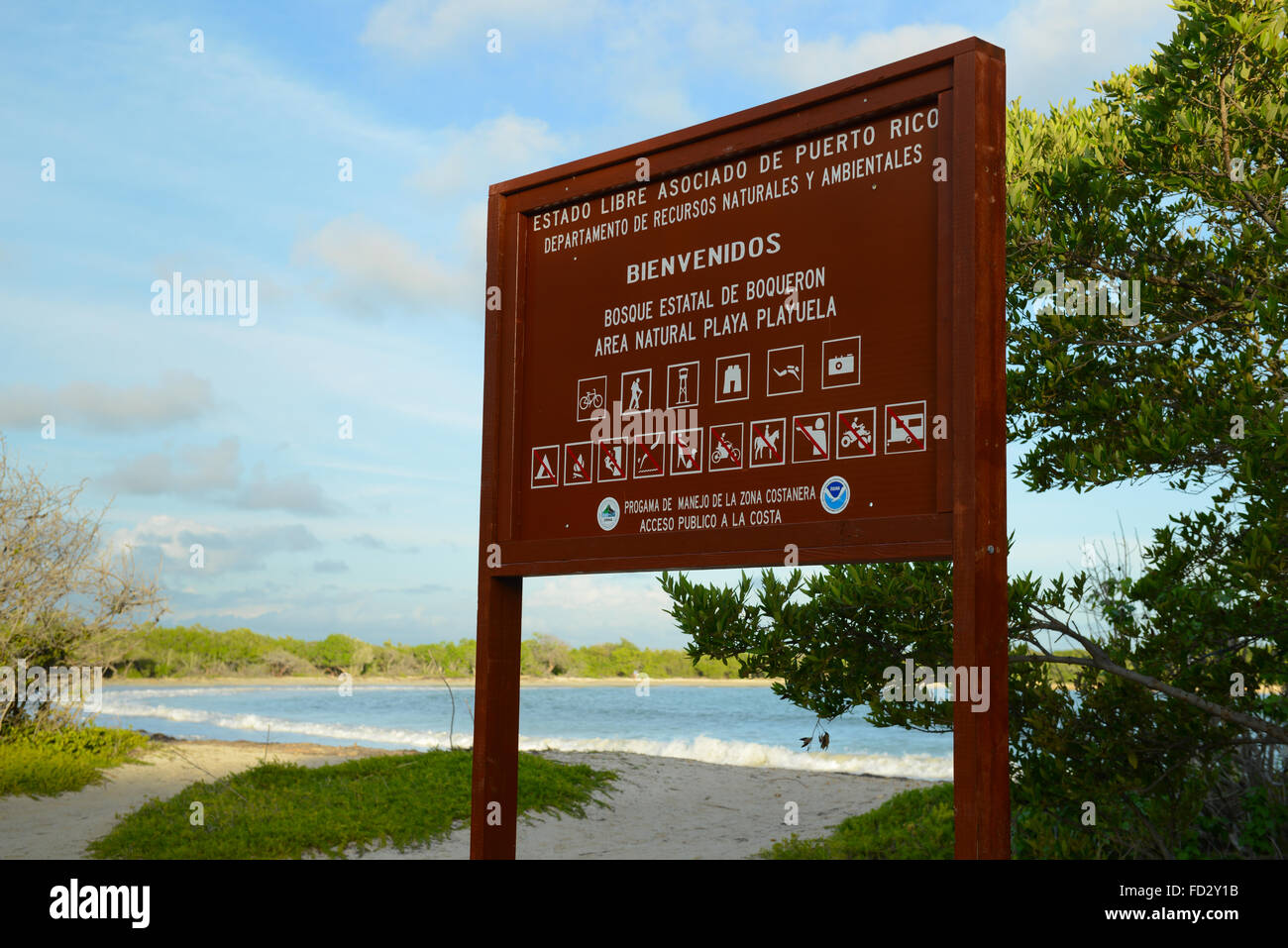 Sign at the entrance of La Playuela or Playa Sucia beach. Cabo Rojo, Puerto Rico. Caribbean Island. USA territory. Stock Photo