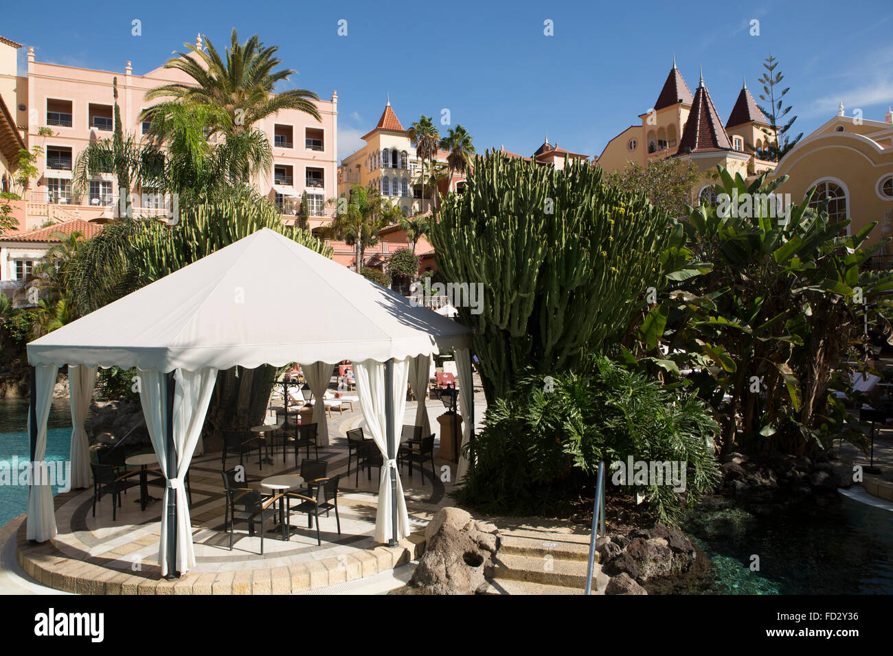 Poolside tent at the Gran Hotel Bahia del Duque at the Costa Adeje in Tenerife, Spain. Stock Photo