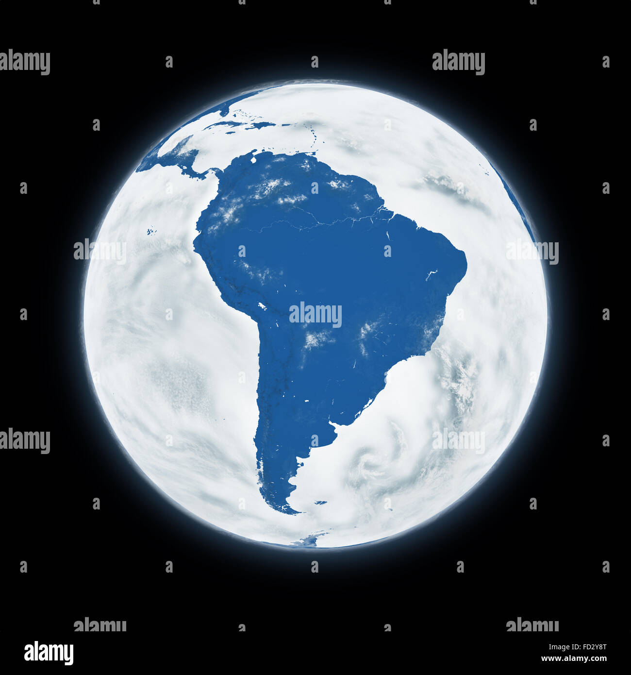 South America on blue planet Earth isolated on black background. Highly ...
