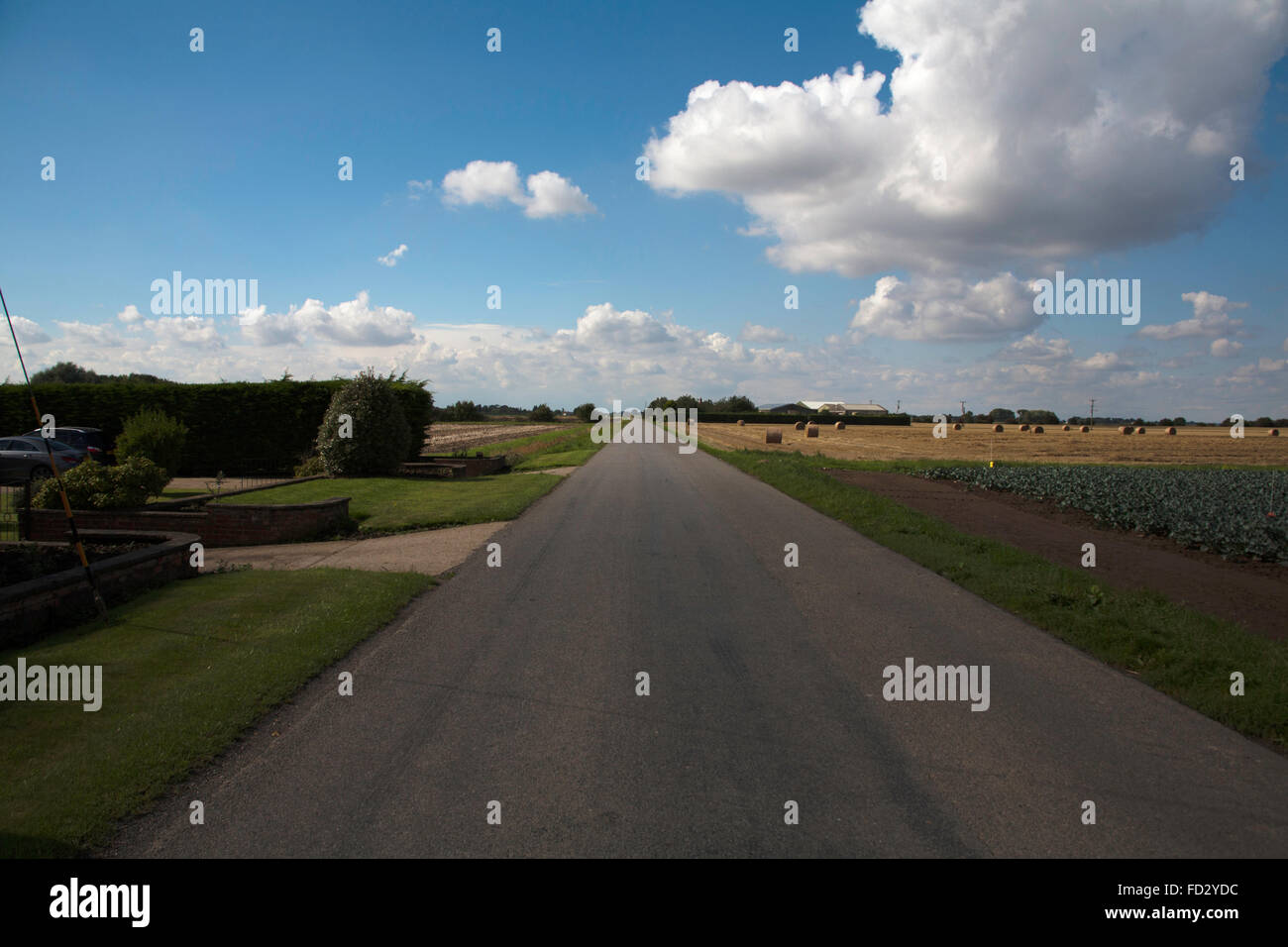 Cumulus cloud passing above a road beside a cabbage field in the flat fen land near Boston Lincolnshire England Stock Photo