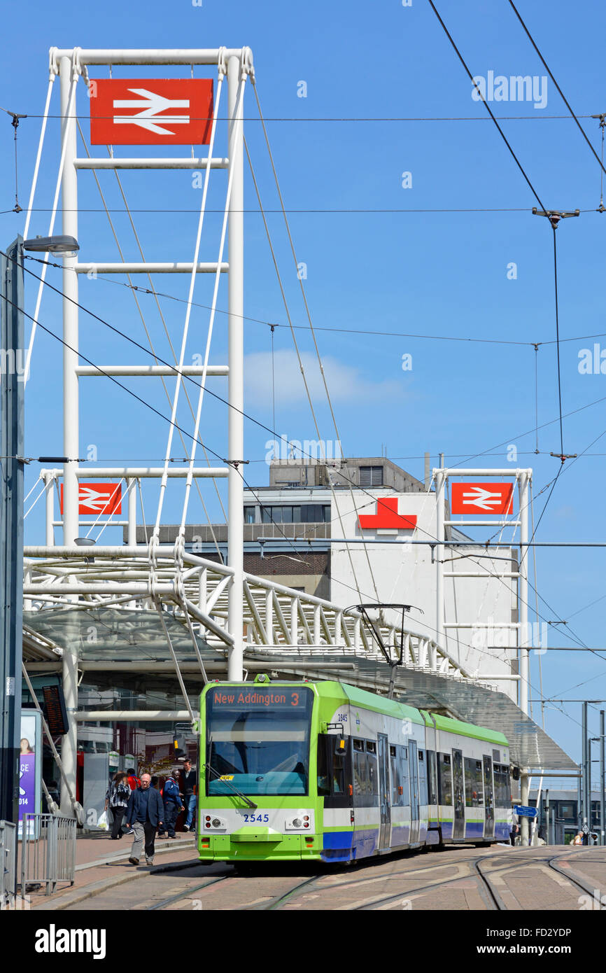 National Rail British Railways logo above East Croydon train railway station with tramlink service operated by first group at tram stop interchange UK Stock Photo