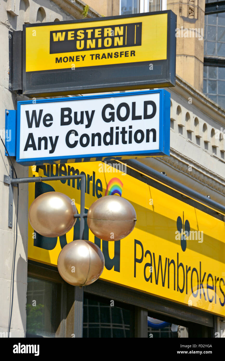 Albemarle Bond pawnbrokers fascia signs above premises in Croydon Stock Photo