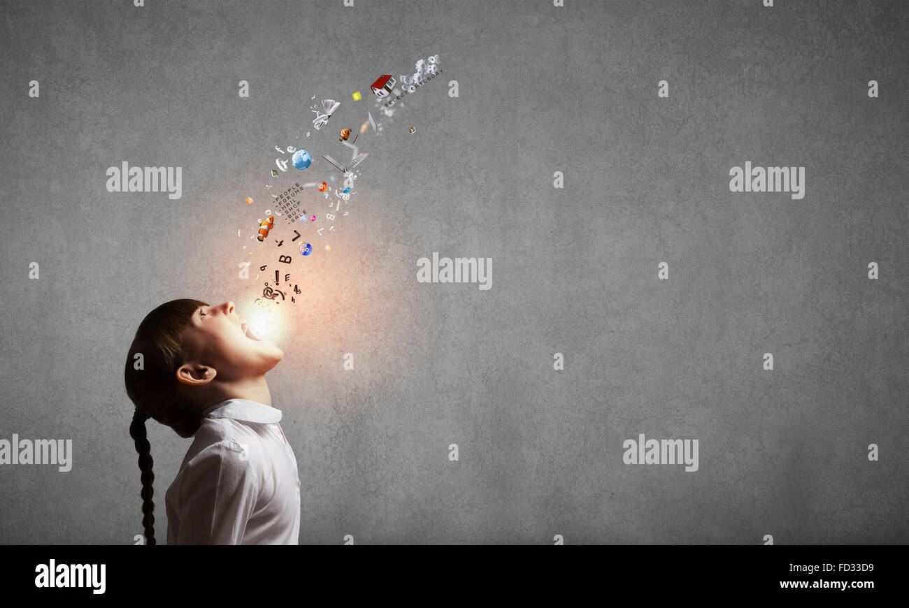 Side view of cute screaming girl and flying icons Stock Photo - Alamy