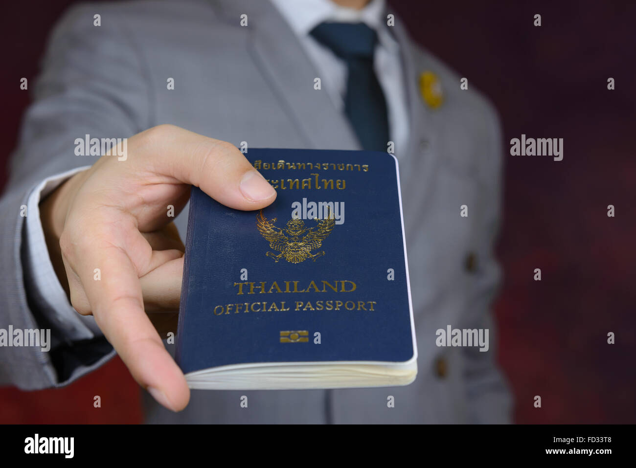 businessman in grey suit showing official passport to travel aboard, business trip Stock Photo
