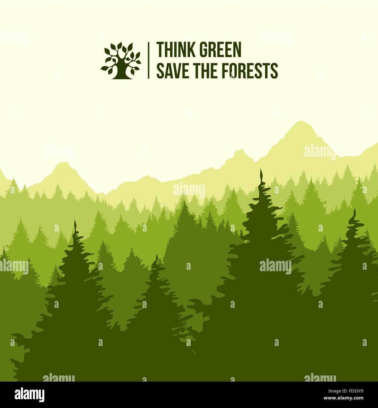 Tree forest landscape with think green text. Eco friendly concept illustration. EPS10 vector. Stock Vector