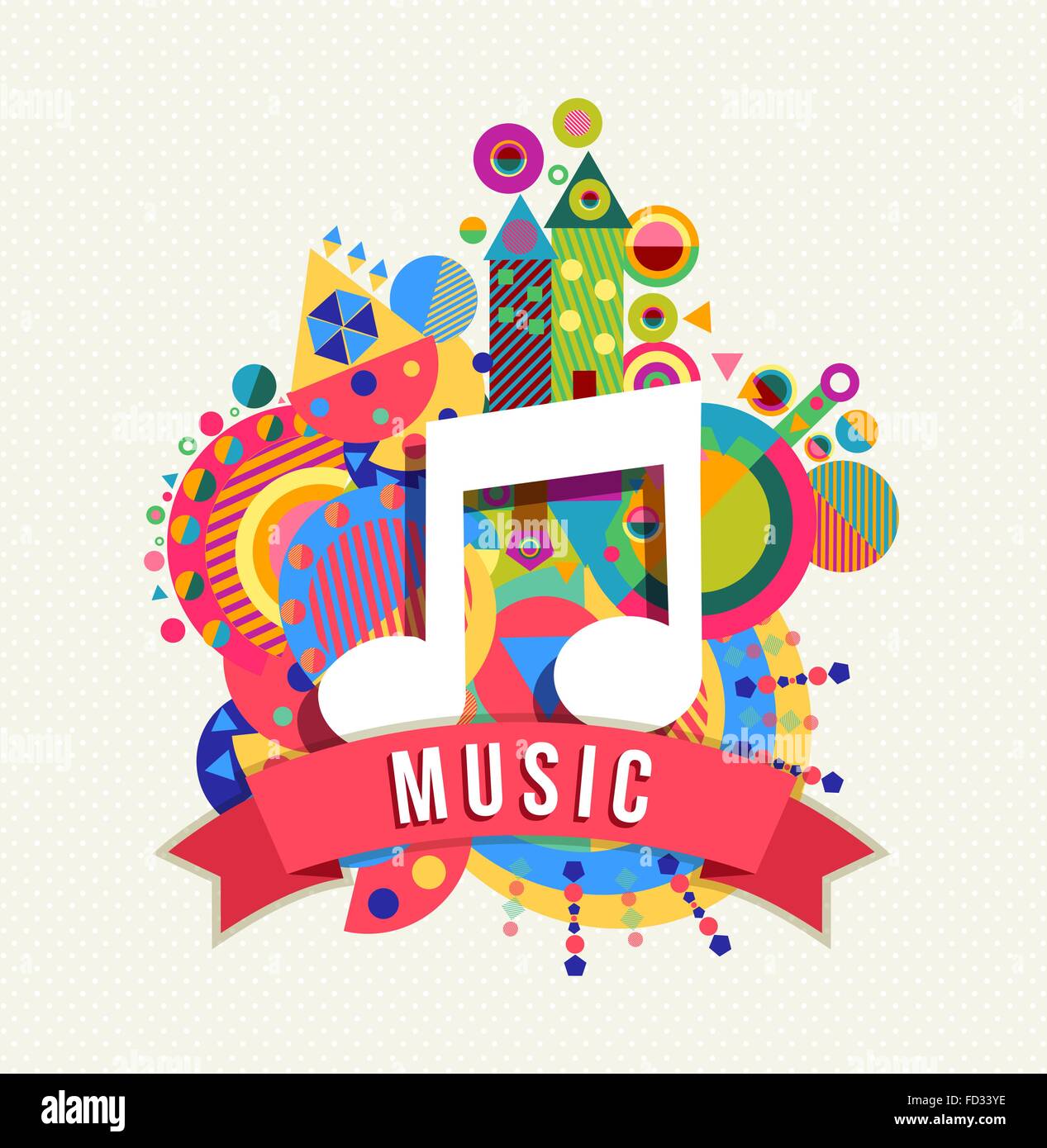 Music note icon, audio sound concept design with text label and colorful geometry shape background. EPS10 vector. Stock Vector
