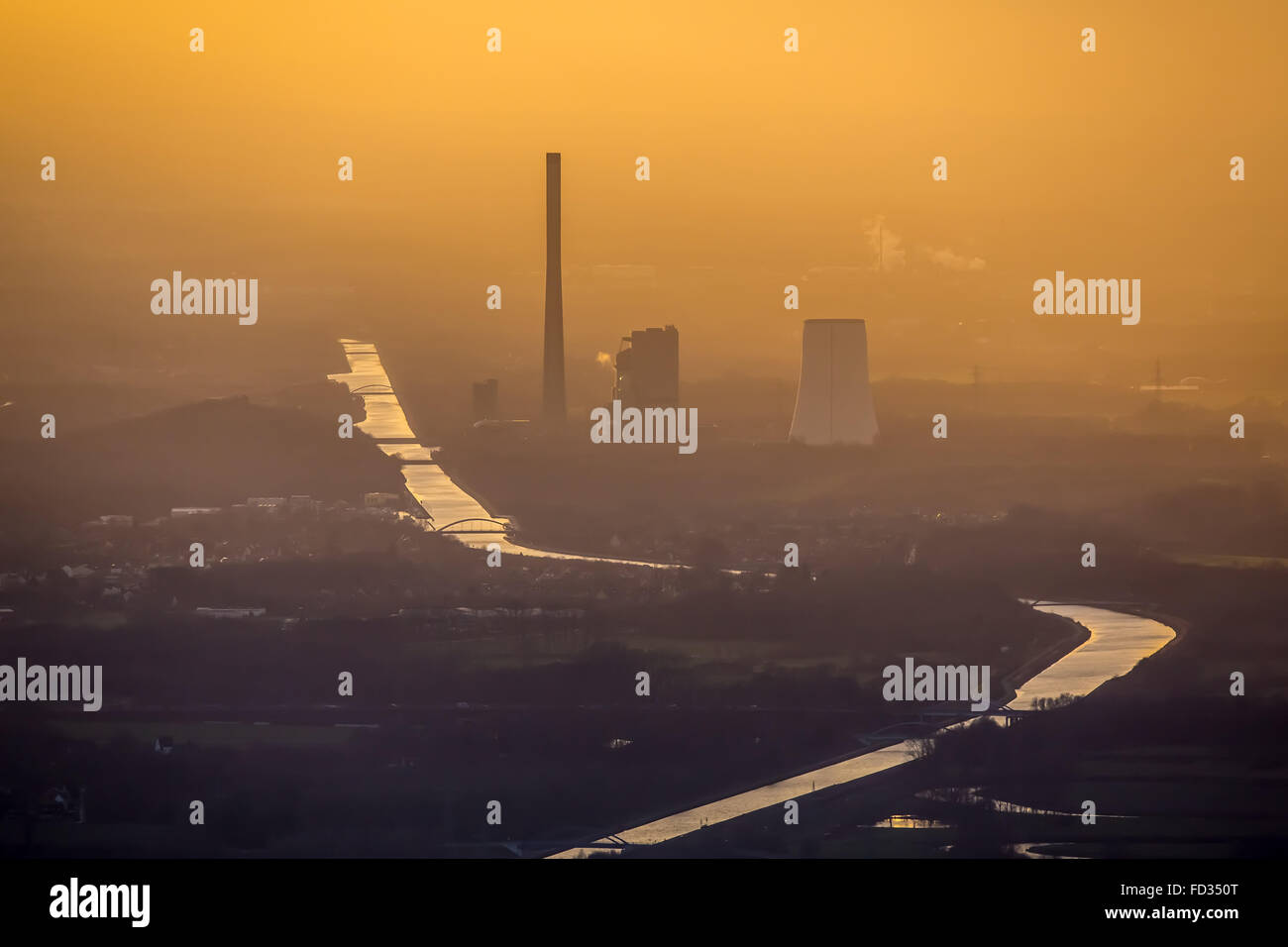 Aerial view, STEAG coal fired power plant Bergkamen on Datteln-Hamm Canal in evening light, smog, haze, hazy weather, Stock Photo