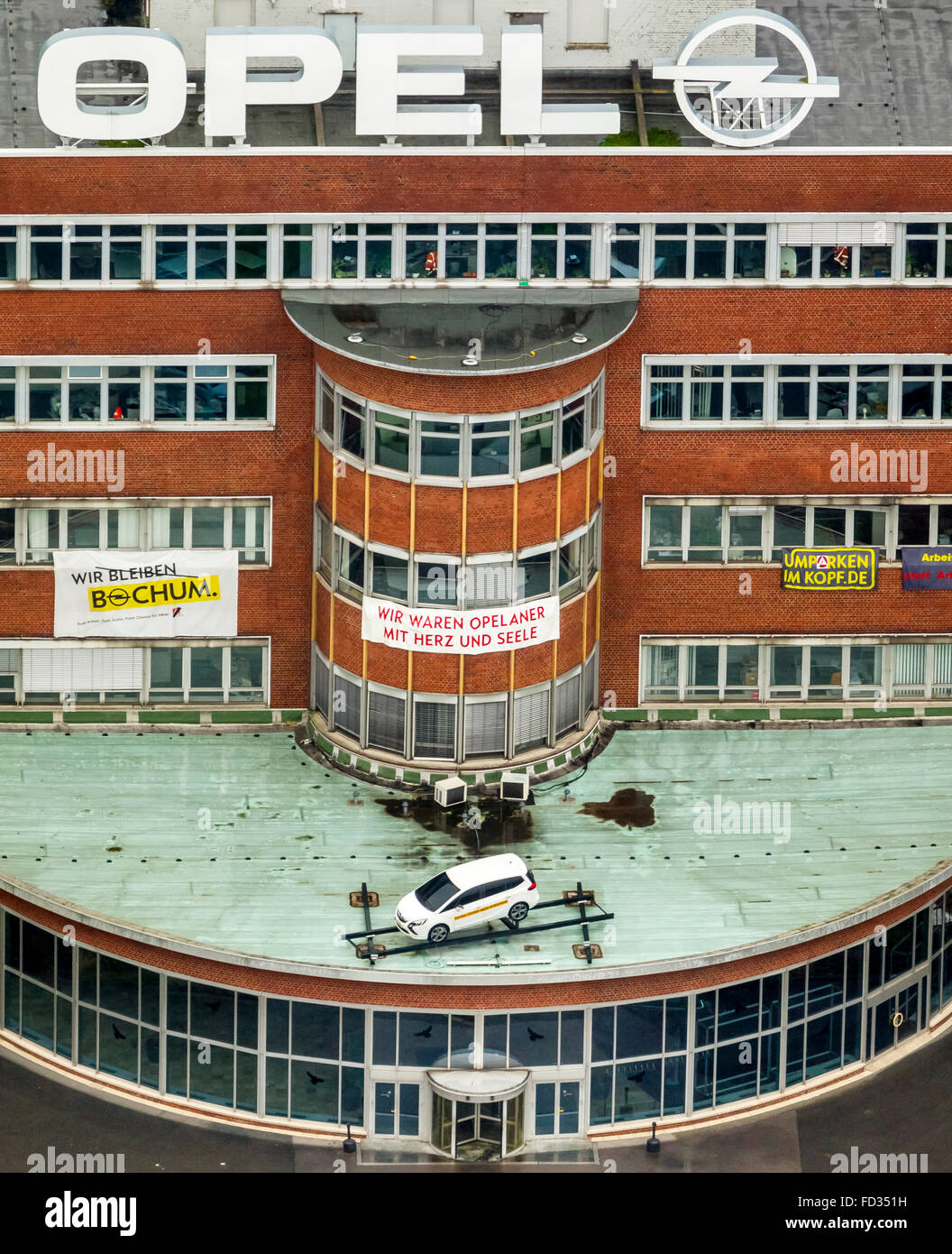 Aerial view, OPEL administration building is to be monument in the discussion, protest transparent, transparent Stock Photo