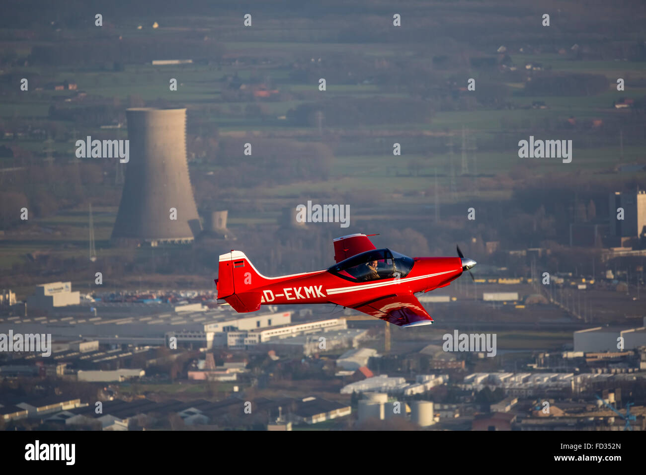 Aerial view, red plane Falco, timber construction, blue sky, D-EKMEK, general aviation, rice aircraft Echo class light aircraft Stock Photo