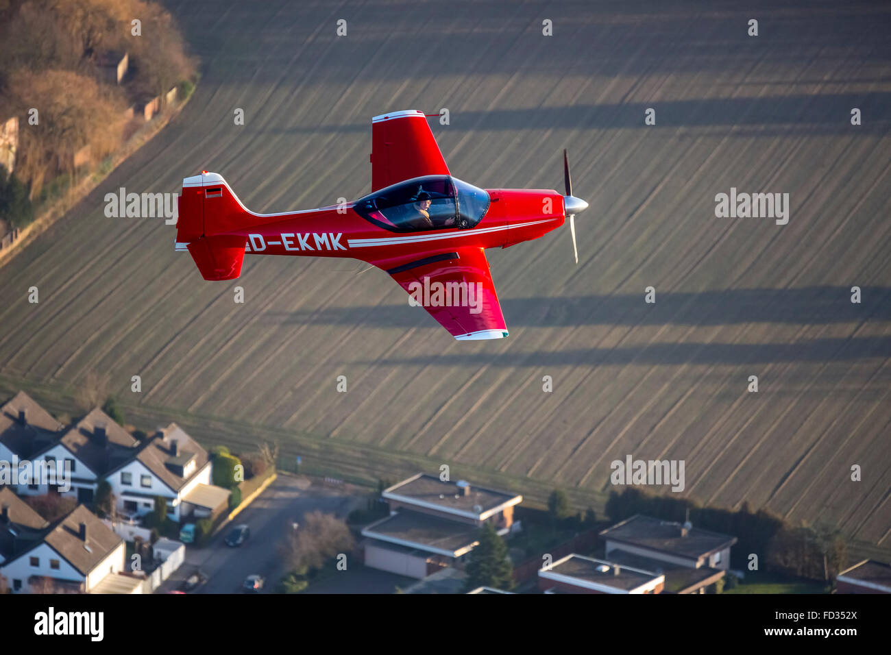 Aerial view, red plane Falco, timber construction, blue sky, D-EKMEK, general aviation, rice aircraft Echo class light aircraft Stock Photo