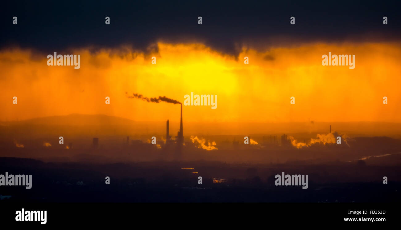 Aerial view, Marl Chemical Park in the backlight after a rainstorm, evening sun, golden light,industrial romanticism, industrial Stock Photo