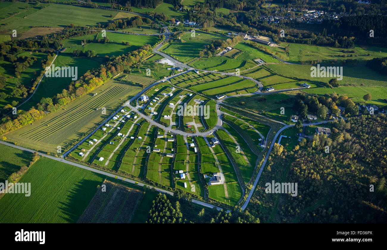 Aerial view, camping and holiday park with chalets Brilon, Brilon camping road at the Hoppecker, Brilon, Sauerland, Stock Photo