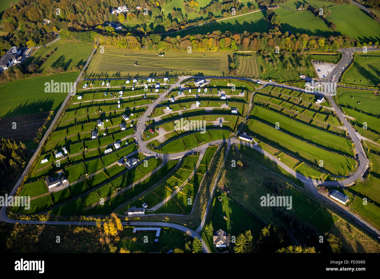 Aerial view, camping and holiday park with chalets Brilon, Brilon camping road at the Hoppecker, Brilon, Sauerland, Stock Photo