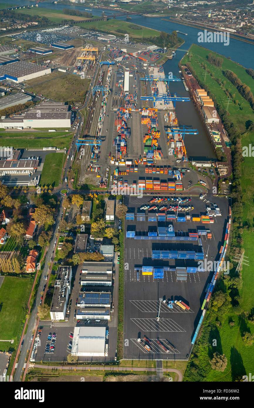 Aerial view, container, container loading, gantry crane, logistics, cargo handling, the port of Duisburg, Logport I, Duisburg, Stock Photo