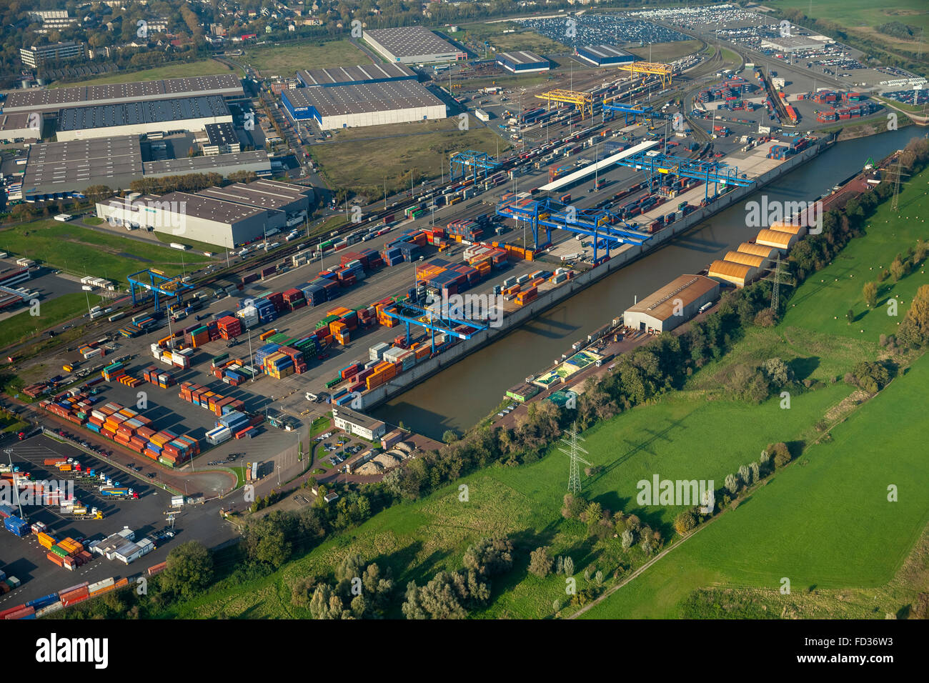 Aerial view, container, container loading, gantry crane, logistics, cargo handling, the port of Duisburg, Logport I, Duisburg, Stock Photo