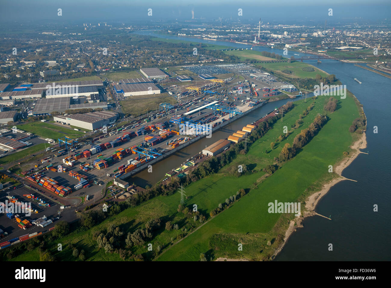 Aerial view, container, container loading, gantry crane, logistics, cargo handling, the port of Duisburg, Logport I, Duisburg, Stock Photo