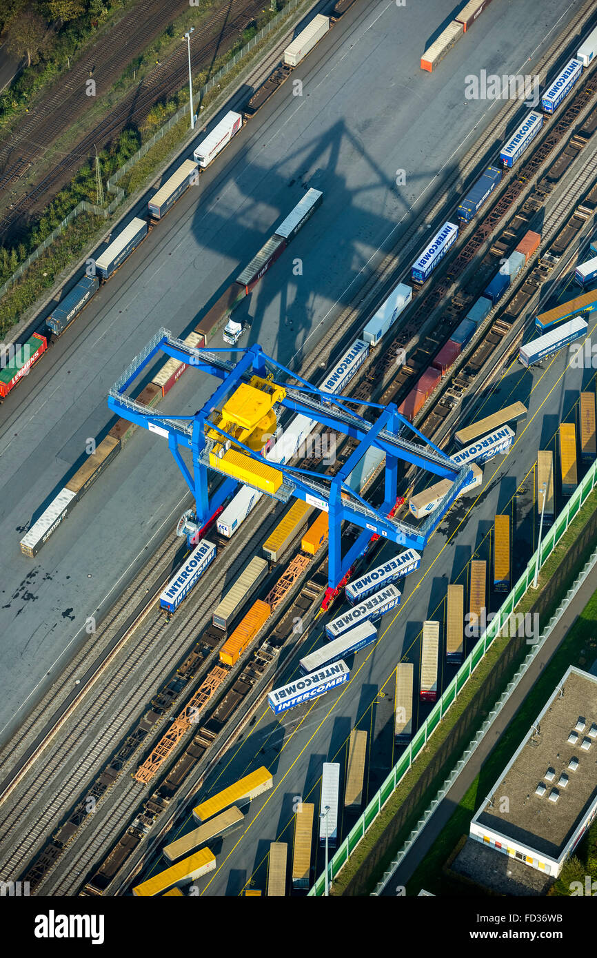 Aerial view, container, container loading, gantry crane, logistics, cargo handling, gantry crane, Logport III, Duisburg port Stock Photo